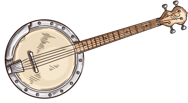 Four string banjo isolated american musical tool American banjo isolated retro musical instrument. Vector four string banjo guitar, chordal accompaniment banjo stock illustrations