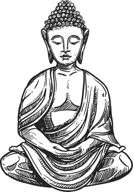 Buddha meditation, Buddhism religion symbol sketch Buddhism religious symbol, Buddha meditation. Buddhist Hinduism Dharma religion, Buddha lotus vector sketch dharma chakra stock illustrations
