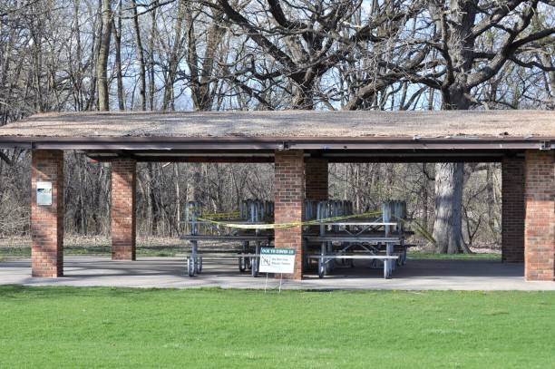 istock Picnic tables marked with caution tape during COVID-19 social distancing. 1220282328