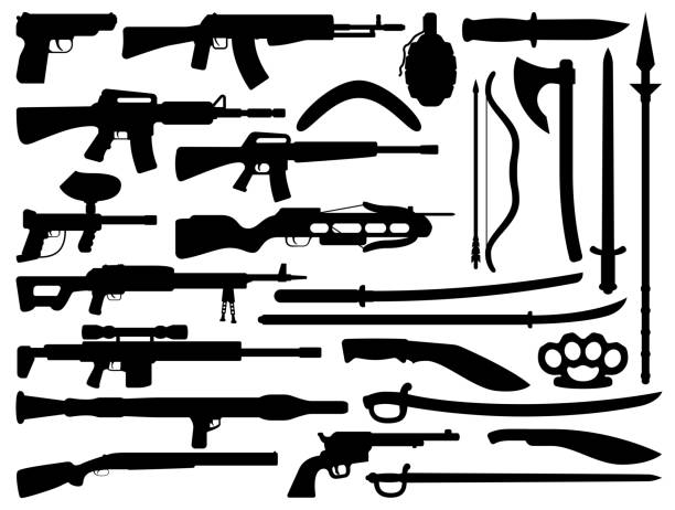 ilustraciones, imágenes clip art, dibujos animados e iconos de stock de siluetas de armas, armas, cuchillos, rifles y escopetas - gun turret