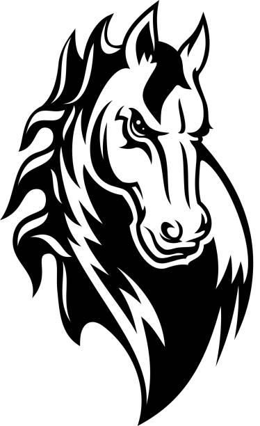 Horse or mustang animal icon. Tattoo and mascot Horse or mustang animal isolated icon, tribal tattoo and equestrian sport mascot design. Black and white stallion or mare horse head with angry muzzle and curly mane mustang stock illustrations