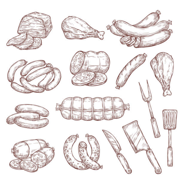 ilustraciones, imágenes clip art, dibujos animados e iconos de stock de salchichas de carne, jamón, salami y cuchillo de carnicero - sausage bratwurst barbecue grill barbecue