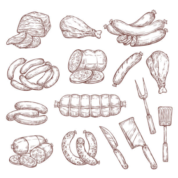 stockillustraties, clipart, cartoons en iconen met de worsten van het vlees, ham, salami en slagersmes - chorizo