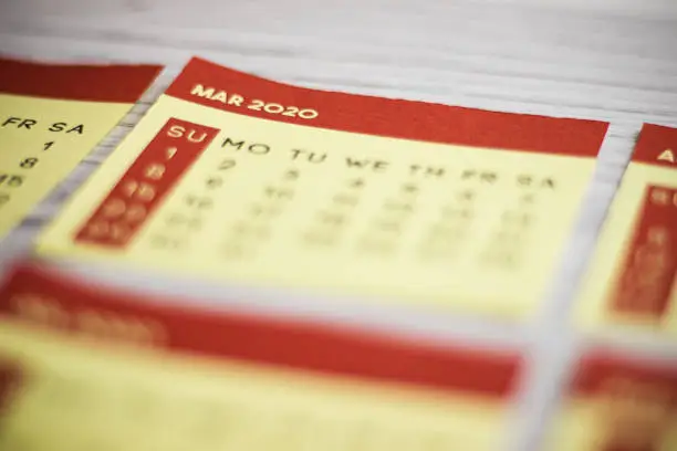 Selective Focus Close-Up March 2020 Calendar Page On The Table. Horizontal composition with copy space.