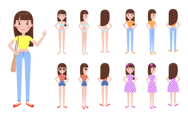 ÐÐ»Ñ ÐнÑеÑнеÑа Young girl with spare casual summer outfits set. Light swimsuit, top with jeans and shorts and polka dot dress isolated cartoon vector illustrations. polka dot bathing suit stock illustrations
