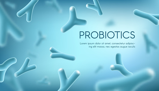 Probiotics lacto bacteria, healthy nutrition and digestion healthcare vector concept. Probiotcis lactobacillus acidophilus bacteria cells on blue background for prebiotic food package