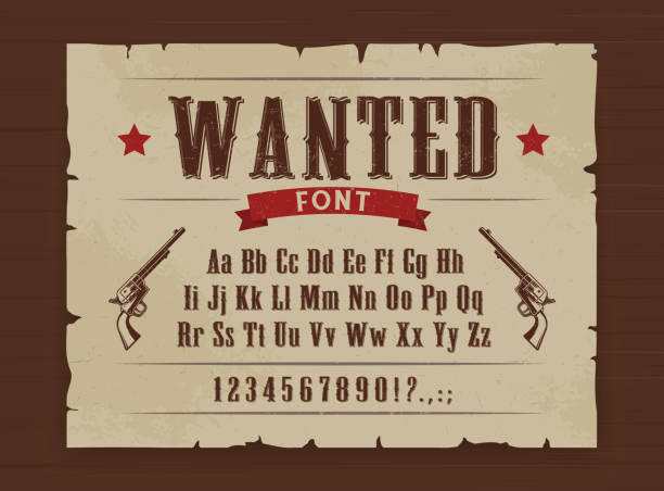 Wild West wanted font poster with letters Wild West vector font of Western alphabet letters, numbers type. Texas gangster wanted poster on wooden background with vintage typefaceand sheriff revolver gun desire stock illustrations
