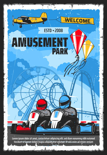 ilustraciones, imágenes clip art, dibujos animados e iconos de stock de parque de atracciones, atracciones de feria - sport go cart go carting sports race