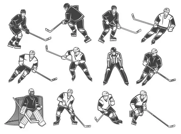 Vector illustration of Ice hockey players, goalkeeper and referee