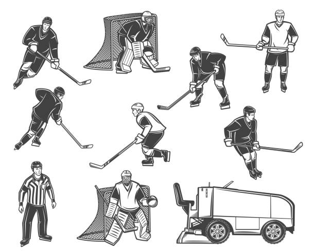 illustrations, cliparts, dessins animés et icônes de joueurs de hockey sur glace, arbitre, équipement - ice hockey hockey puck playing shooting at goal