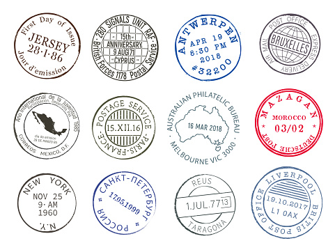 Post mail delivery stamp contours with city and dates, vector icons. Airmail postage and post office delivery stamps of New York, Paris or Mexico and Antwerp, Melbourne, Brussels and Russia