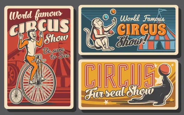 Vector illustration of Circus tent, acrobat and monkey juggler