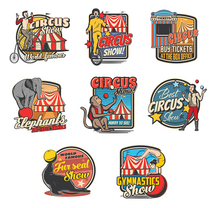 Circus retro icons with vector carnival top tents, trained animals and performers. Clown, elephant and juggler, amusement park ticket, acrobats and monkey, bicycle, balls and marquee tents