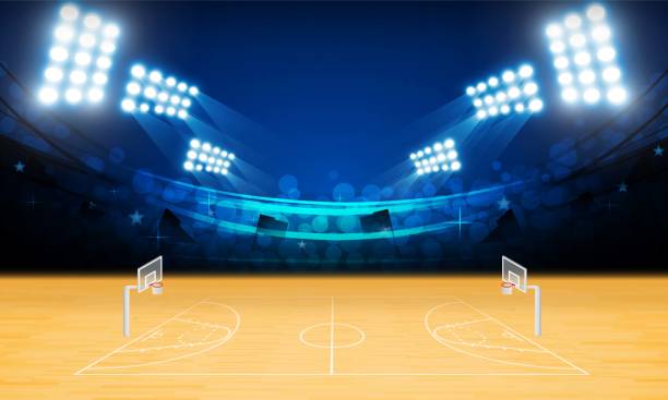 istock Basketball arena field with bright stadium lights design. Vector illumination 1220286445