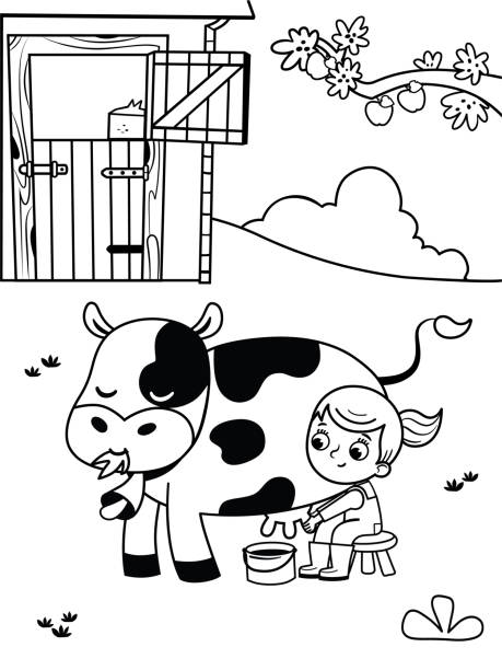 Farm Girl Black and white illustration of a farm girl. Coloring page for kids. cattle pen stock illustrations