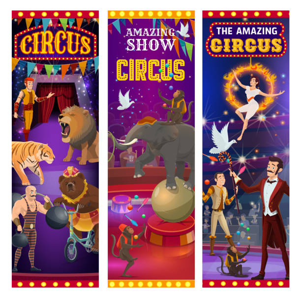 Circus entertainment show banners, wild animals tamer with lion in fire ring and elephant balancing on ball. Vector retro vintage big top circus muscleman, bear on bicycle and illusionist juggling