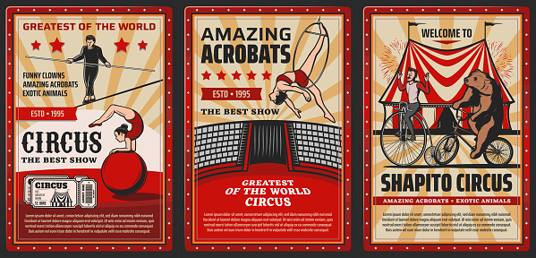 Circus and funfair carnival, vector vintage retro posters, exotic animals and acrobats. Shapito big top circus tent, tamed bear on bicycle, equilibrist on aerial trapeze and tightrope walking