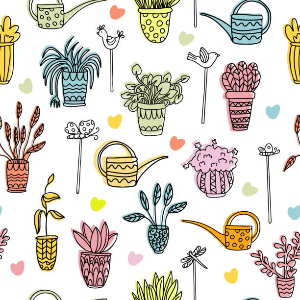 Vector seamless pattern with houseplants ink and color elements. Doodle vector seamless pattern with houseplants in pots, watering cans, birds, dragonflies, butterflies. Color elements. Great for fabrics, wrapping papers,covers. Ink hand drawn illustration on white spider plant animal stock illustrations