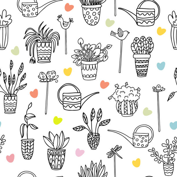 Seamless pattern with houseplants doodle. Vector seamless pattern with houseplants in pots decorated with ornaments and colorful hearts. Great for fabrics, wrapping papers, wallpapers, covers. Hand drawn illustration in doodle style, ink. spider plant animal stock illustrations