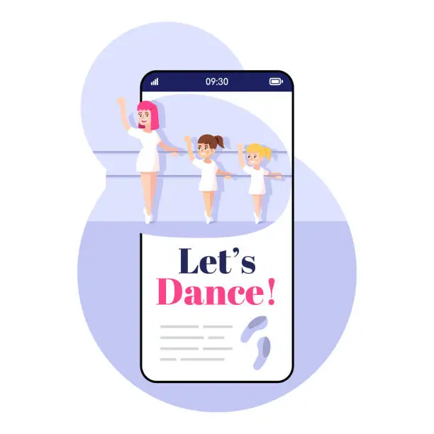 Vector illustration of Lets dance smartphone app screen. Mobile phone display with cartoon characters design mockup. Classical ballet. Choreography application for kids telephone interface