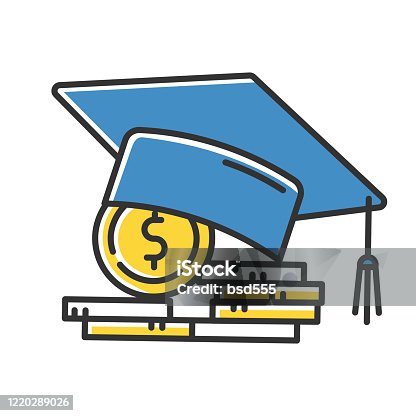 istock Student loan color icon. Credit to pay for university education. Tuition fee. College scolarship. Graduation hat, coin stack. Budget investment. Academic achievement. Isolated vector illustration 1220289026