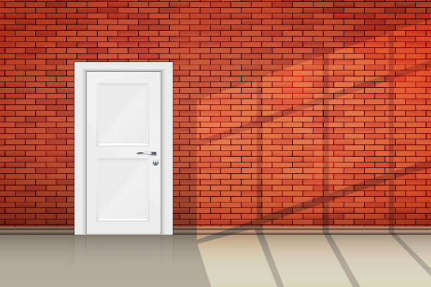 ilustraciones, imágenes clip art, dibujos animados e iconos de stock de muro de ladrillo rojo con puerta cerrada - floor stone wallpaper revetment