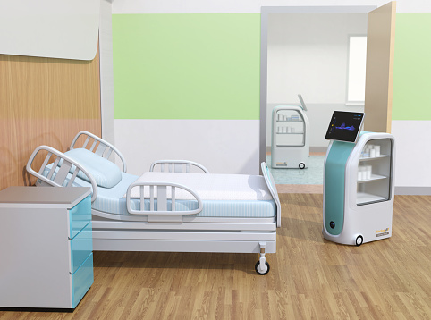 Medical delivery robots working in hospital. Infection prevention concept. 3D rendering image.