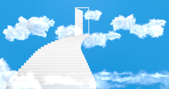 The stair. The stairs at the end are the doors to success. Isolated on blue background colors. 3d render.