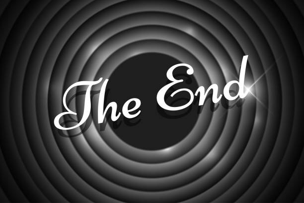 ilustrações de stock, clip art, desenhos animados e ícones de the end handwrite title on black and white round background. old cinema movie circle ending screen. vector noir poster template illustration - 1930