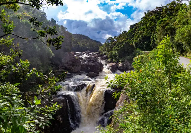 Photo of A boiling river with a waterfall in the rainforest