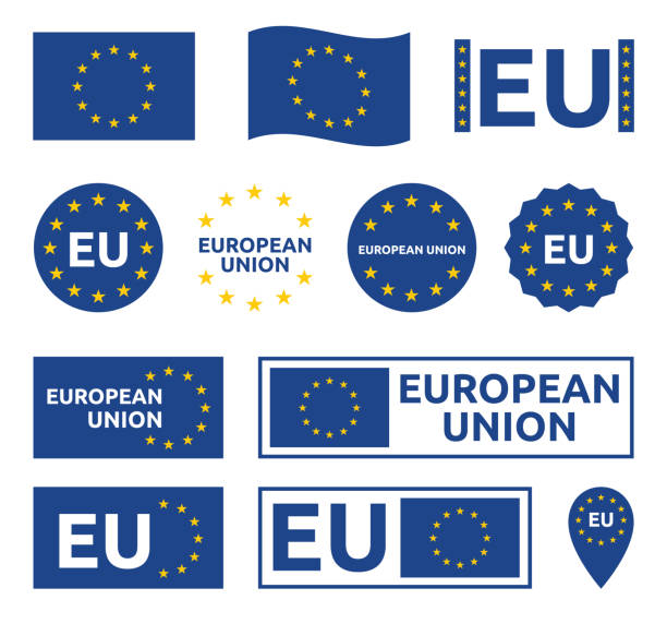 유럽 연합 표지판 세트, eu 라벨 및 배지 - european union flag illustrations stock illustrations