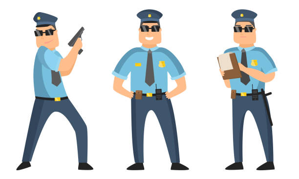 illustrazioni stock, clip art, cartoni animati e icone di tendenza di l'agente di polizia con occhiali da sole neri in piedi in diverse pose con protocollo e pistola. illustrazione vettoriale in stile cartone animato piatto - badge blue crime law