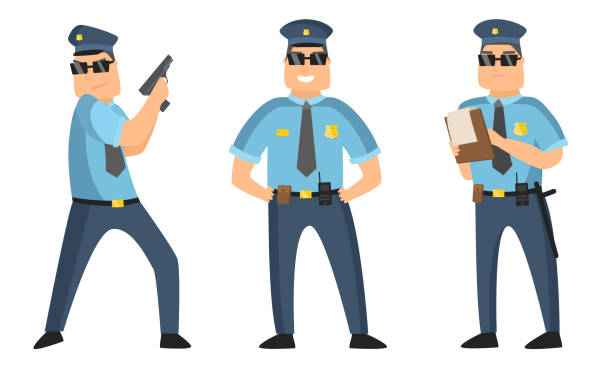 戴著黑色太陽鏡的警官站在不同的姿勢與協議和槍。平面卡通風格的向量插圖 - 警察 插圖 幅插畫檔、美工圖案、卡通及圖標