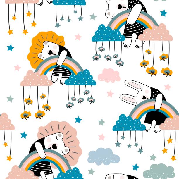 Seamless pattern illustration sleeping animals on the rainbow on white background Hand drawn vector cute cartoon pastel color seamless pattern illustration sleeping animals on the rainbow on white background for baby textile, cloth, linen, wallpaper texture czech lion stock illustrations