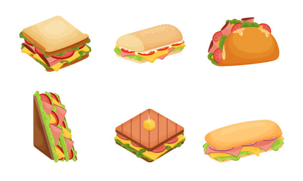 zestaw pysznych soczystych kanapek wypełnionych warzywami, serem, mięsem, boczkiem. ilustracja wektorowa w płaskim stylu kreskówki - sandwich stock illustrations