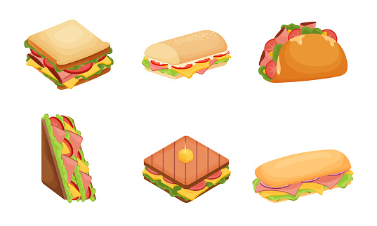 Collection set of delicious juicy sandwiches with vegetables, cheese, meat, bacon with a crispy crust. Isolated vector icon illustration on white background in cartoon style