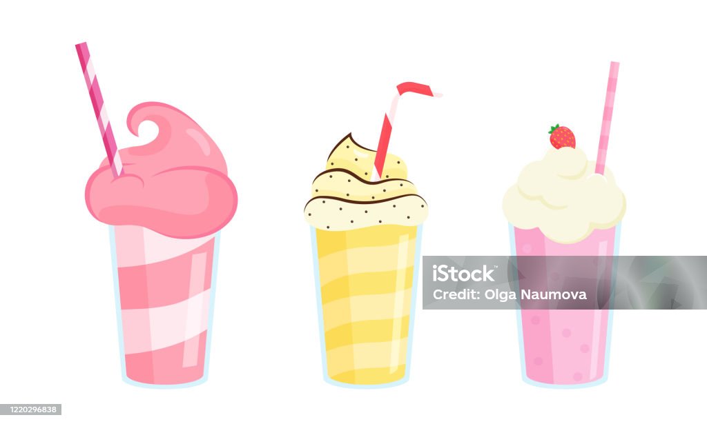 Set of three colorful milkshakes in glasses with tubes made with different ingredients. Vector illustration in flat cartoon style Collection set of three colorful milkshakes in glasses with tubes made with different ingredients. Isolated vector icon illustration on white background in cartoon style Milkshake stock vector