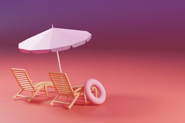 istock Beach umbrella with chairs and Inflatable Swimming Ring Pool on pastel gradient pink and purple background. summer vacation concept. 3d rendering 1220297158