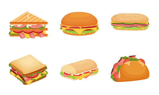Collection set of delicious juicy sandwiches with vegetables, cheese, meat, bacon with a crispy crust. Isolated vector icon illustration on white background in cartoon style
