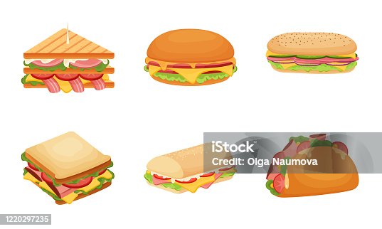 istock Set of delicious juicy sandwiches filled with vegetables, cheese, meat, bacon. Vector illustration in flat cartoon style 1220297235