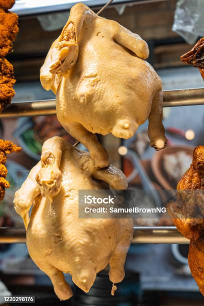 Closeup Photo Of Whole Cooked Chicken Displayed At Chinese Restaurant Stock Photo - Download Image Now