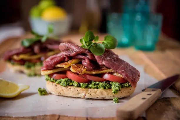 Photo of Beef Bruschetta served with haloumi and pesto.