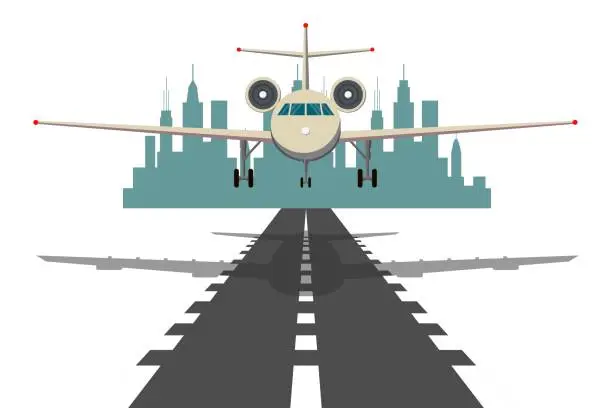Vector illustration of passenger plane fly up over take-off runway from airport at sunset