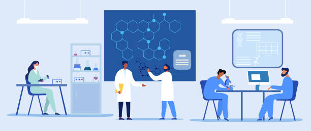 Panorama banner of a research laboratory Panorama banner of a research laboratory with a diverse group of scientists working on research, microscope, testing and discussing a diagram of a molecule in blue tones, vector illustration science research stock illustrations