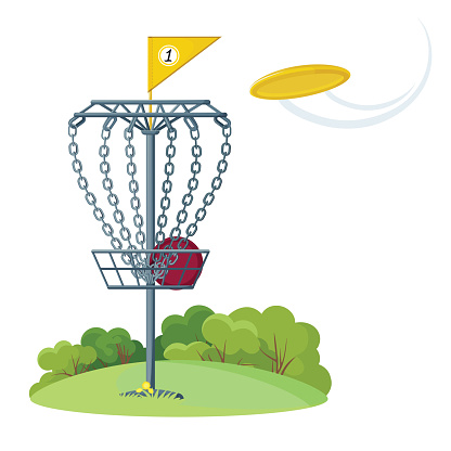 Disc golf basket with flying frisbee disk. Vector