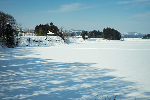 Aerial view on winter landscape at Lake Schliersee in the Alps