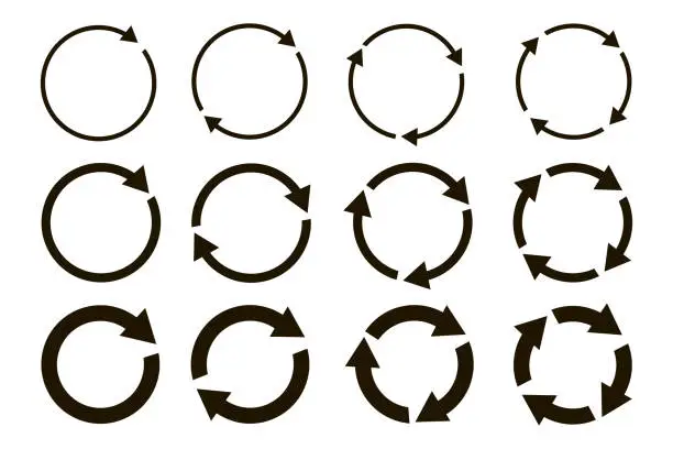 Vector illustration of different circular arrows of black color, different thickness