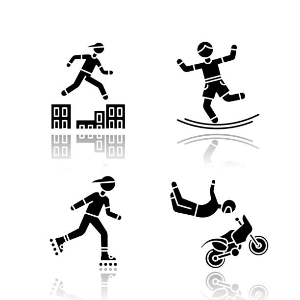 istock Extreme sports drop shadow black glyph icons set. Parkour, traversing obstacles. Slacklining, balance training. Inline skating. Motorcycle stunt riding. Motocross. Isolated vector illustrations 1220302117