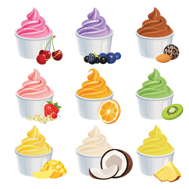 Frozen yogurt cups icons set with fruits and vanilla. Vector Frozen yogurt cups icons set with fruits and vanilla. Vector illustration mango jam stock illustrations