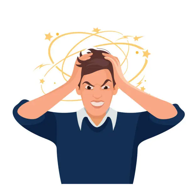 Vector illustration of Stressed and frustrated man squeezing head with hands. Vector